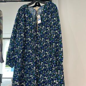 Michael Kors Black Floral V-Neck Dress with Blue, Green & White Print
